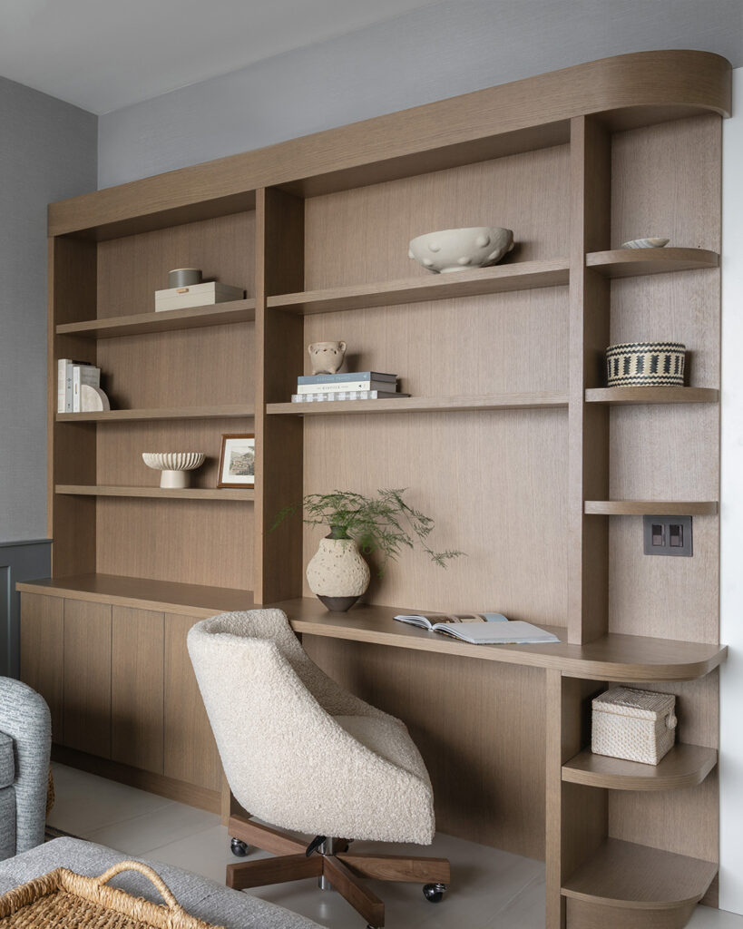 Custom oak built in Home office designed by Astral House in a multi use guest bedroom in St. Petersburg Florida new construction home.