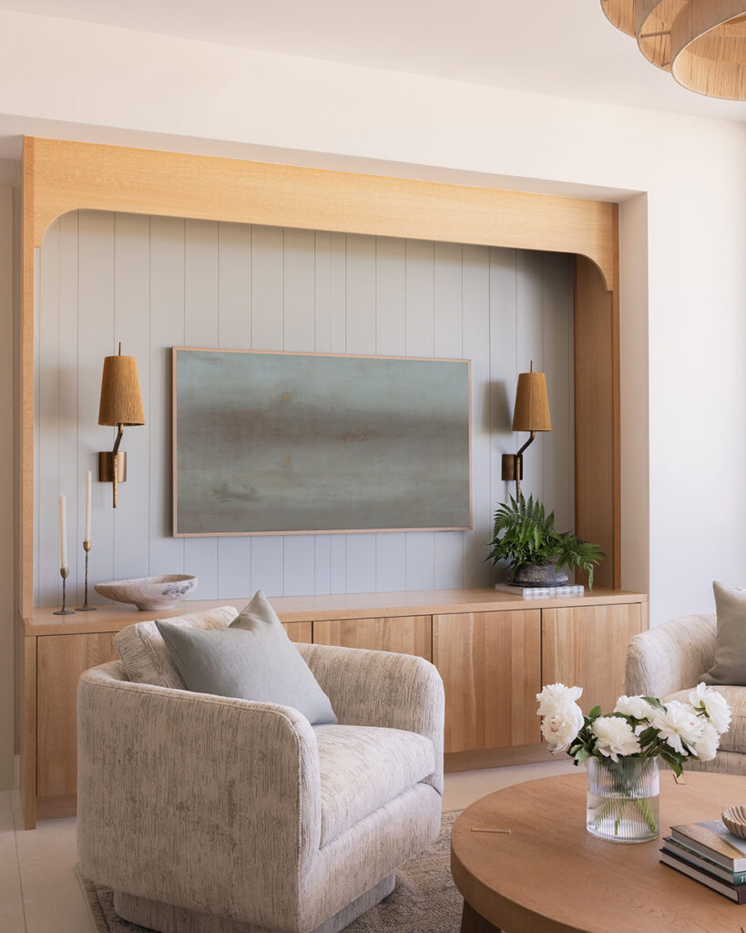 Custom millwork design by Astral House Interior Design for a downtown St. Petersburg Art House condominium. Coastal, timeless, modern and organic feel with natural wood.
